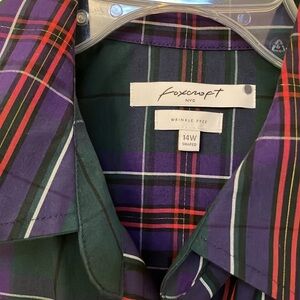 Foxcroft 14W Women’s Non-Iron Blouse Green Purple Red Button-Up Shirt Plus Check